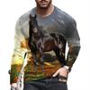 Essential 3D horse print long sleeve T-shirt, casual men's stylish top.