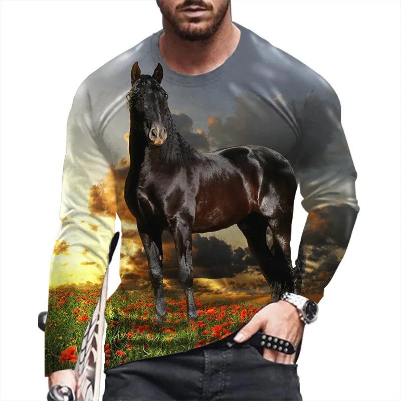 Essential 3D horse print long sleeve T-shirt, casual men's stylish top.
