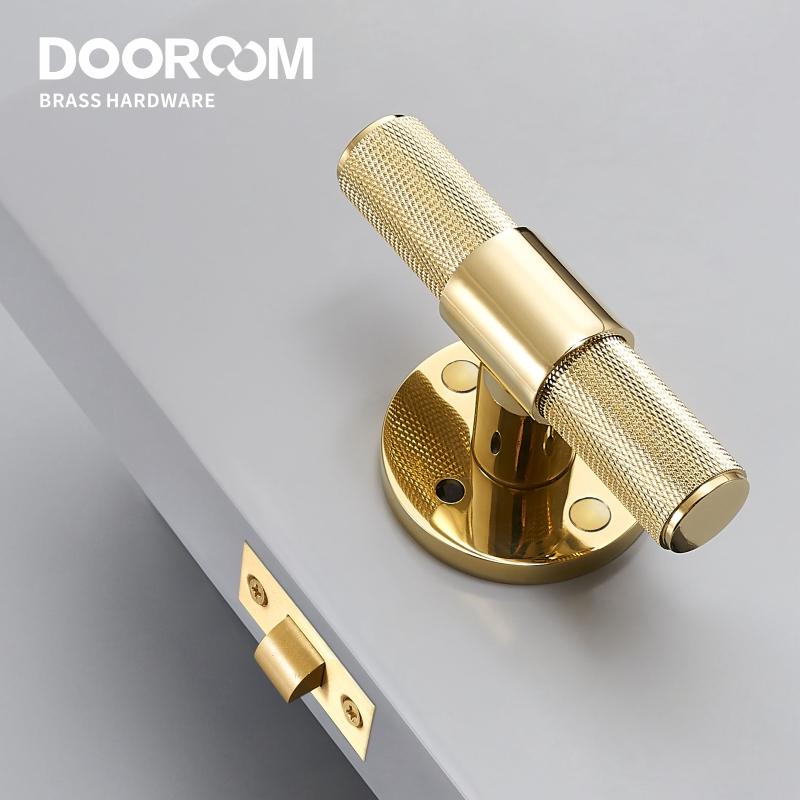 Dooroom Brass Door Lever Set Modern Knurled T-bar Interior Bedroom Bathroom Double Wood Door Lock Set Dummy Knob Hidden Door