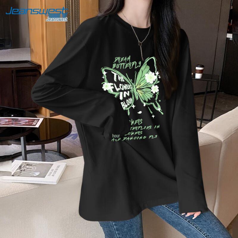 Jeanswest Women's 2025 Spring/Autumn Pure Cotton Drop-Shoulder Long-Sleeve T-Shirt