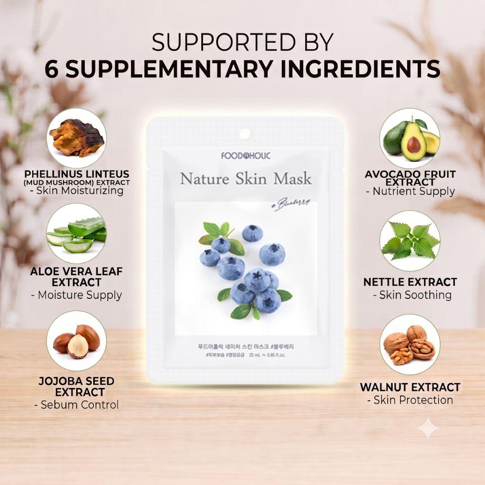 FoodaHolic Nature Skin Mask Blueberry 23ml X 10 Sheets - Anti-Oxidant & Revitalizing Facial Sheet Mask Pack for Firm Skin (10 Sheets)