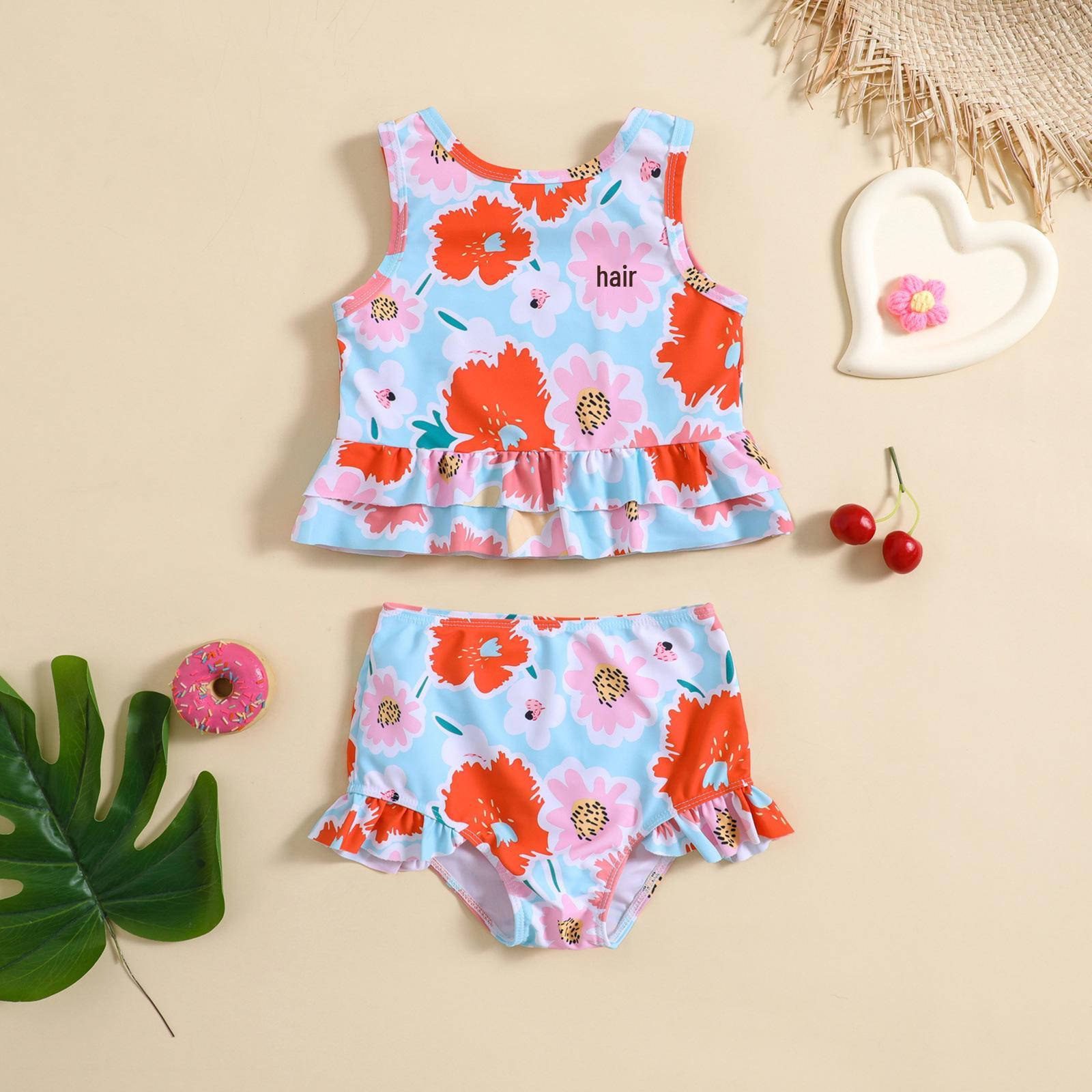 

Exclusive Girls Floral Split Swimsuit Set Size 100 цветочные печати