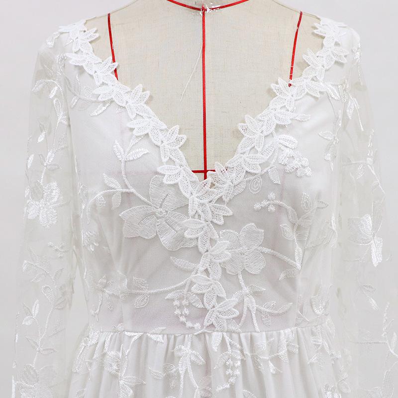 Women White Floral Lace Long Sleeve Deep V Neck Backless Sheer Tulle A Line Summer Wedding Gown Elegant Bridal Evening Prom Formal Party Maxi Dress