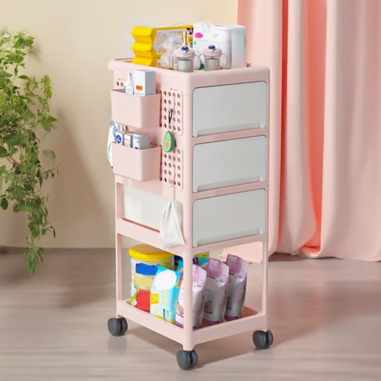Rolling Utility Cart Nursery Storage Cart with Drawers And Shelf Rolling Organizer Storage Trolley with Hooks