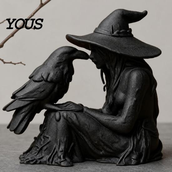 Stable Base Witch Ornament 3D Printed Ornament, with Matte Black Figurine, Frosted Paint Gothic Style Resin Sculpture for Halloween Party