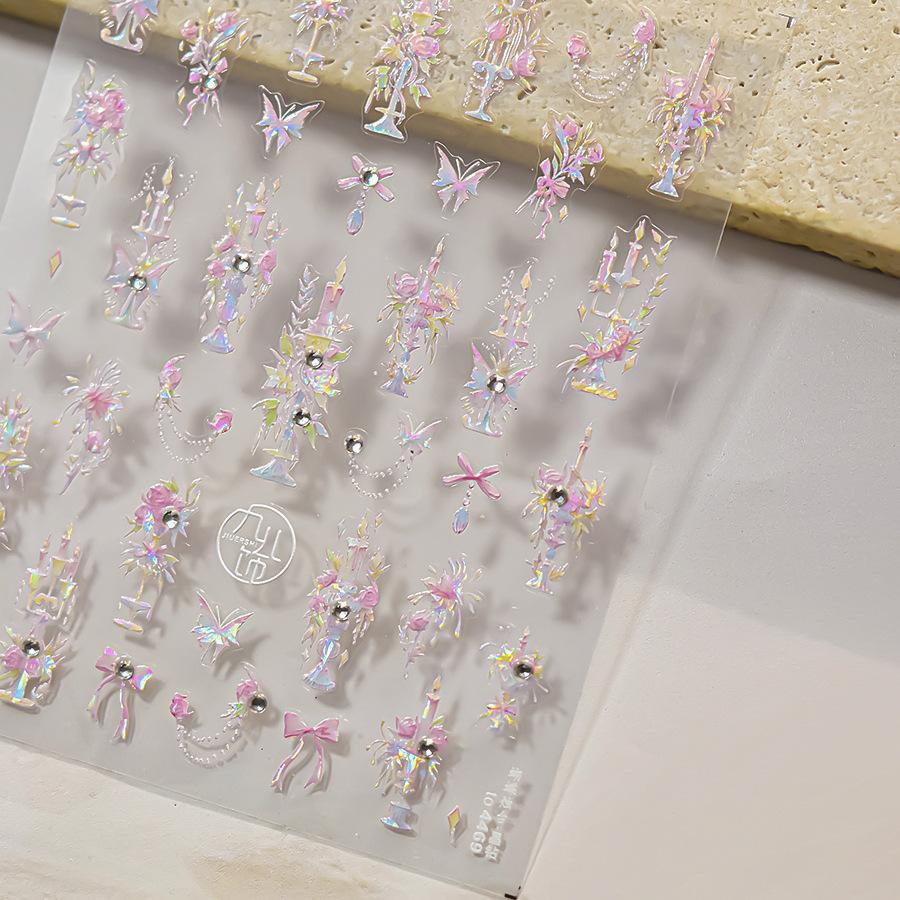 Gradient White Pink Butterfly Flower Shiny Stars Chic Spring Petal 5D Soft Adhesive Nail Art Stickers Decorations Manicure Decal