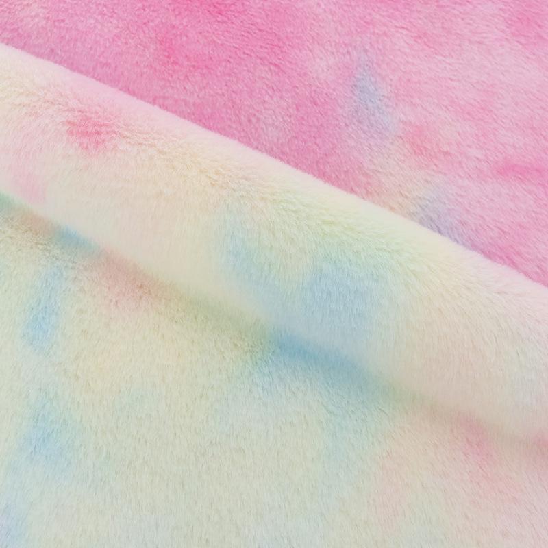 Tecido de pelo de coelho de imitação de veludo tingido com gradiente de arco-íris com cores de fantasia