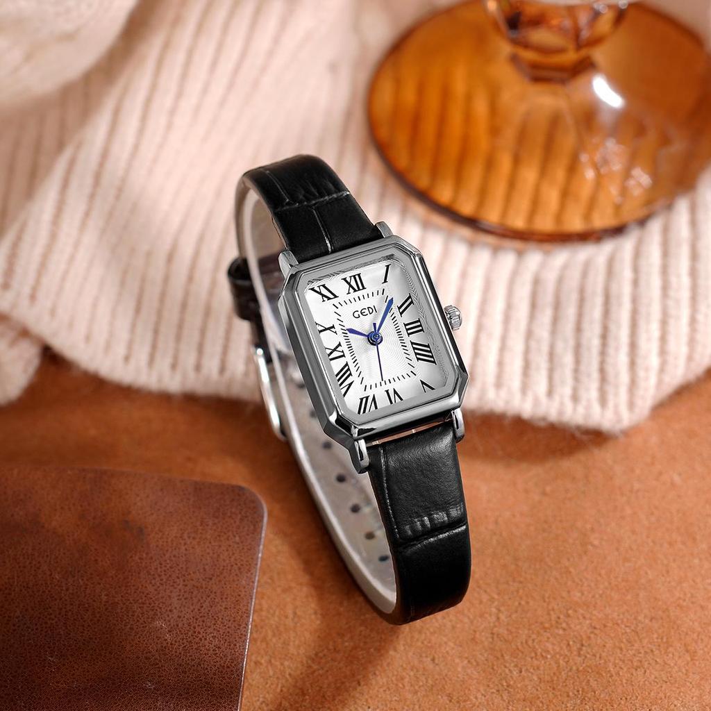 Gedi Retro Small Square Dial Ladies Waterproof Leather Strap Quartz Watch