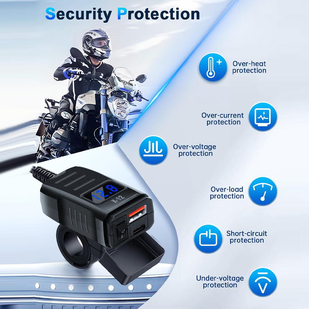 Motorbike Motorcycle Charger Socket Waterproof Power Adapter with Switch Voltmeter Voltage Display PD QC3.0 Fast Charger