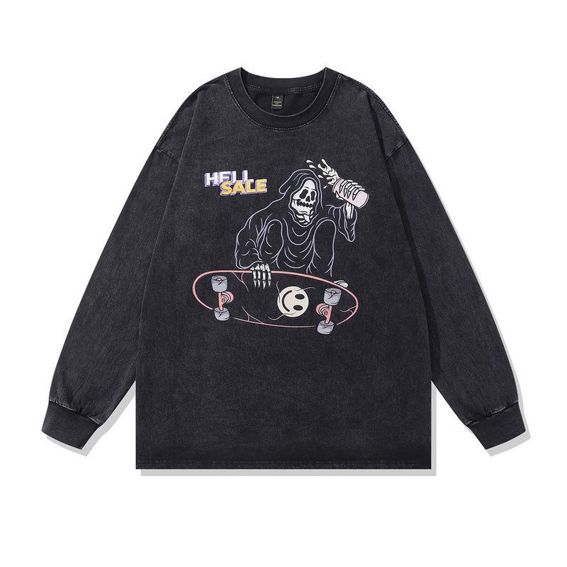European, American High Street Direct Injection Printing Bottoming Shirt Casual Loose Retro Washed Old Hip Hop Long Sleeve T-Shirt Men