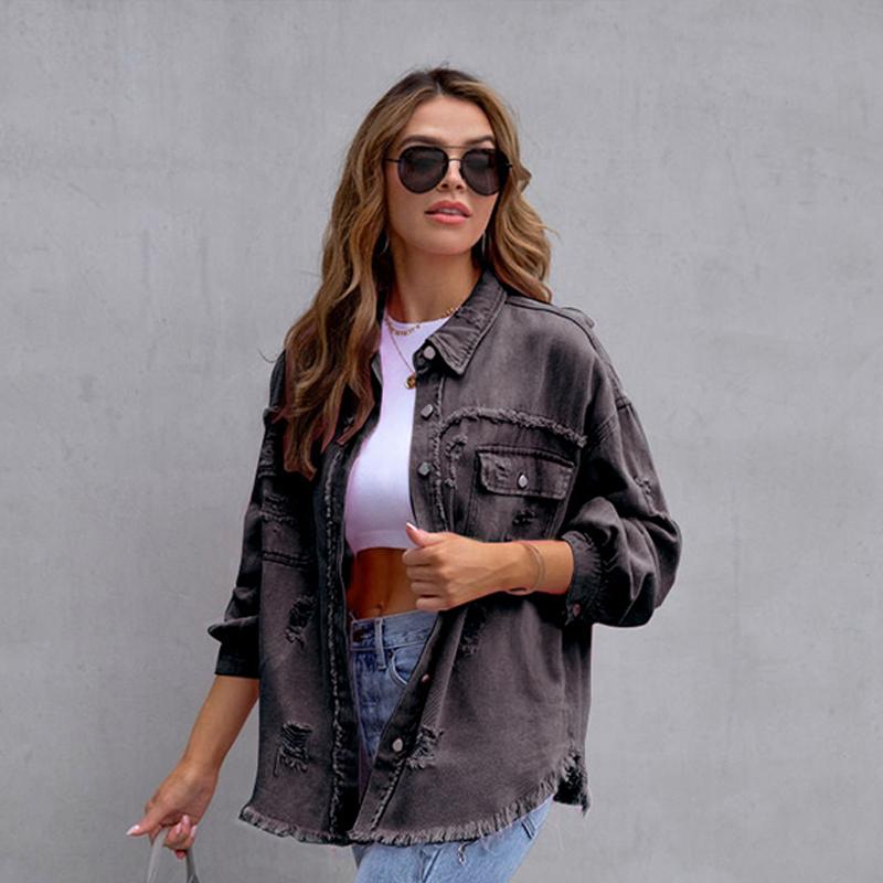 Jachetă din denim de lungime medie pentru femei, cu găuri cu margine brută, toamnă și iarnă, cu mâneci lungi, casual cu revere