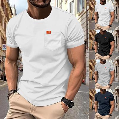 New Men's Large Size Solid Color Round Neck T-shirt Fashionable Casual Pocket Slim Short-sleeved Top