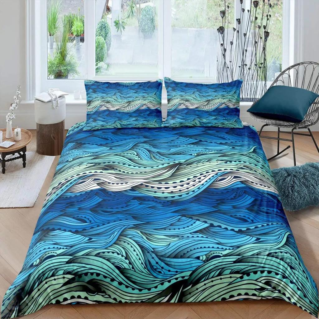 Japanese Wave King Queen Duvet Cover Blue Sea Bedding Set Maple Leaf Moon Quilt Cover Hokusai Ukiyo-E Polyester Comforter Cover