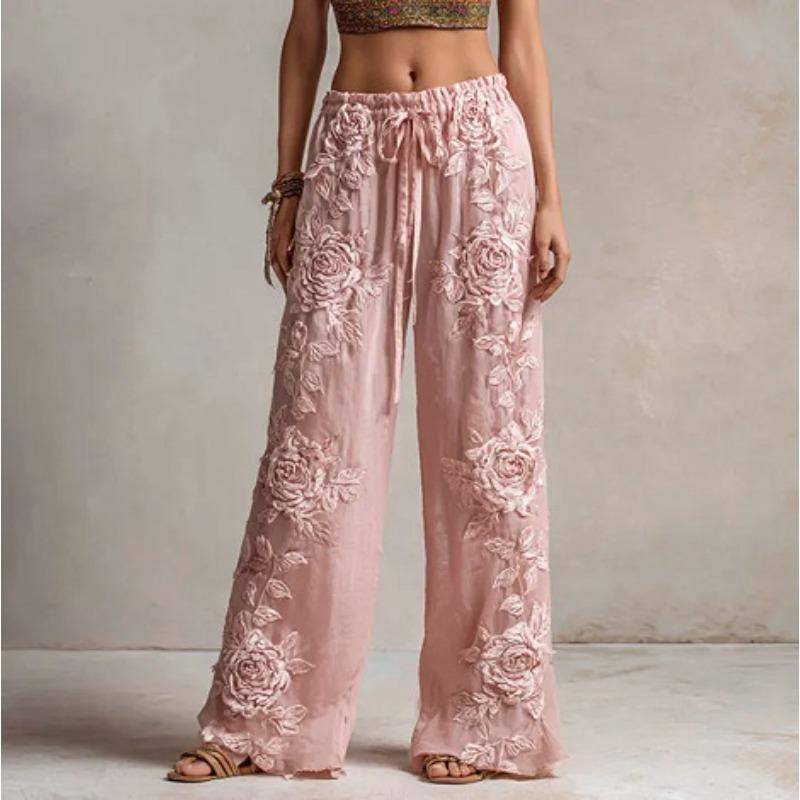 Elegant Women's Straight-Leg Pants with 3D Floral Print – New Season Style