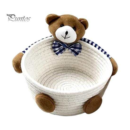 Gentle Color Storage Basket Desktop Basket, Cartoon Plush Bear And Rabbit Rope Decorative Plaid Bow Organizer Shape, Woven for Small Items Jewelry