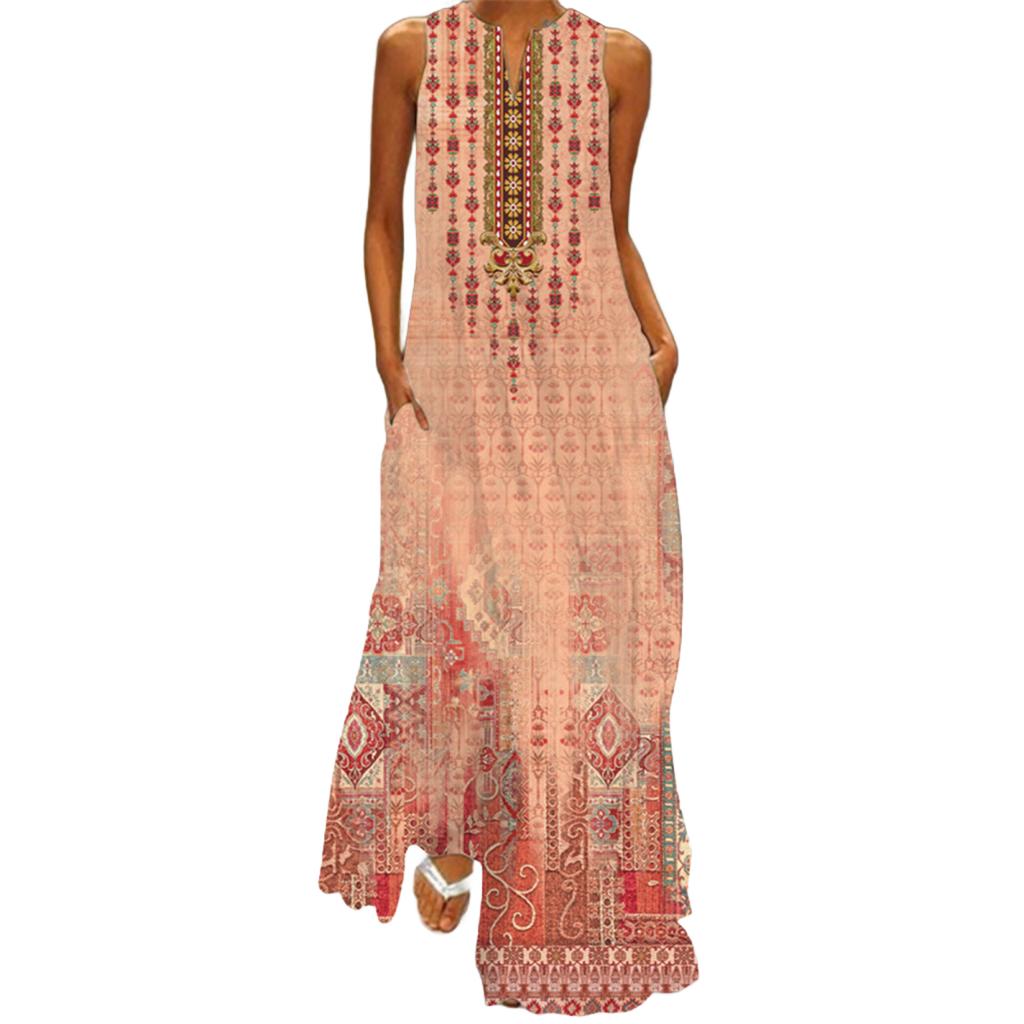 Yousheng Lady Maxi Dress with Pockets Flower Printing A-line V Neck Sleeveless Loose Full Length Dress for Vavation Beach Parties