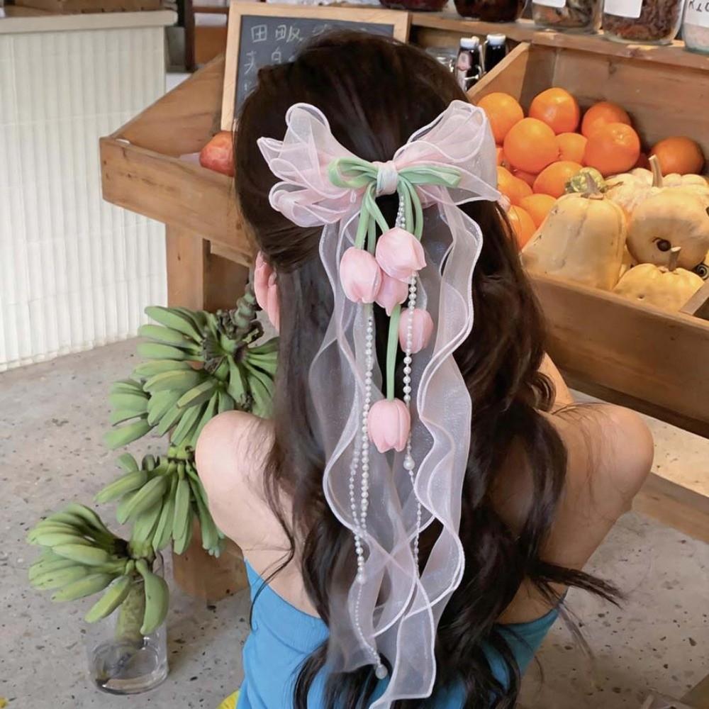 Fairy Style Tulip Hair Clips Pendant Tassel Organza Bowknot Barrette  Feminine