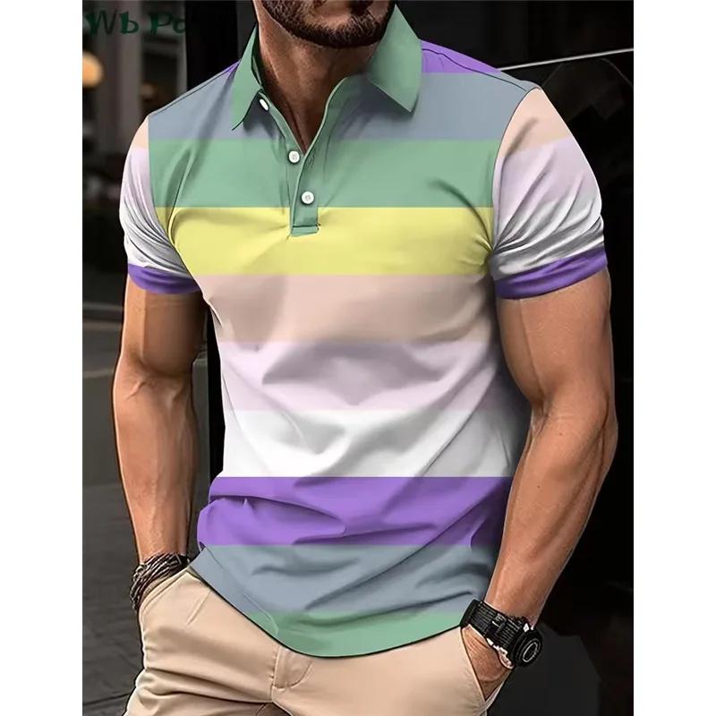 Striped Printed Men's Shirt, Men's Polo Street Men's Clothing, Loose Men's Polo Shirt