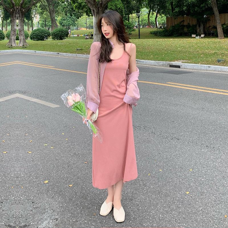 High-end design shoulder strap dress women's new summer loose and slim inner wear over-the-knee vest dress