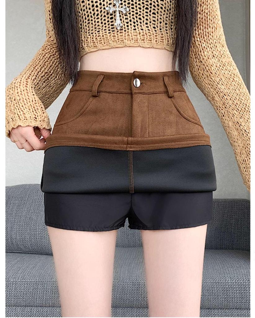 Plus Size Brown Suede A-line High Waist Slimming Skirt for Women, Spring/Autumn