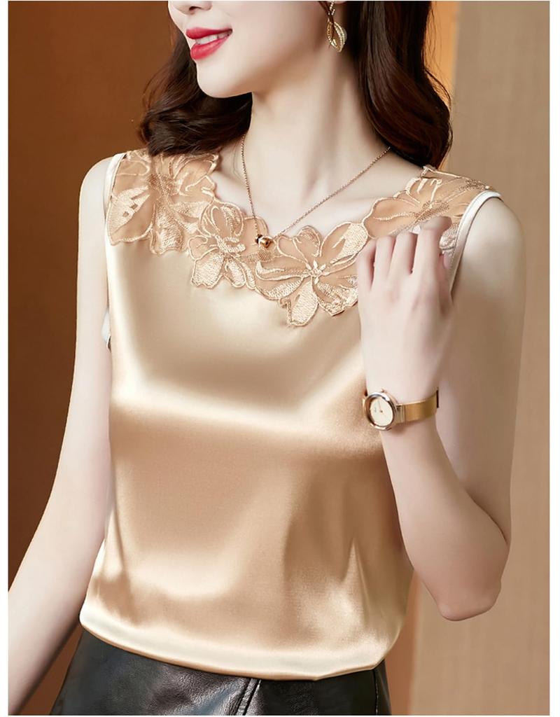 Yuoku Maiou Satinat Lucios Fără Mâneci Dantelă Elegant Solid Simplu Top Femei, Bluză, Cămașolă, Top, Maiou, Subțire, Culoare, Stratificare, Neted, Ca Mătasea,