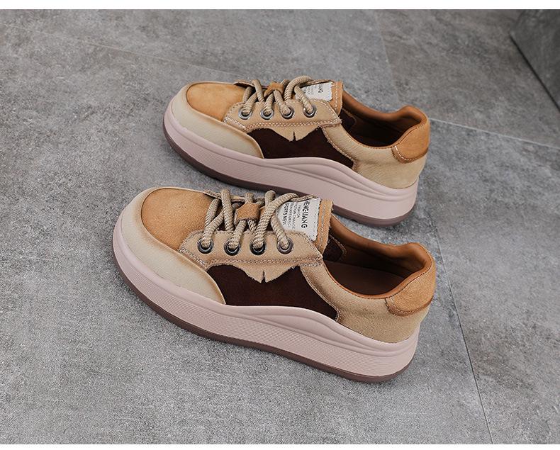 Autumn Women's Thick Sole Genuine Leather Lace-up Casual Shoes - Colorblock Low-top Spring Design