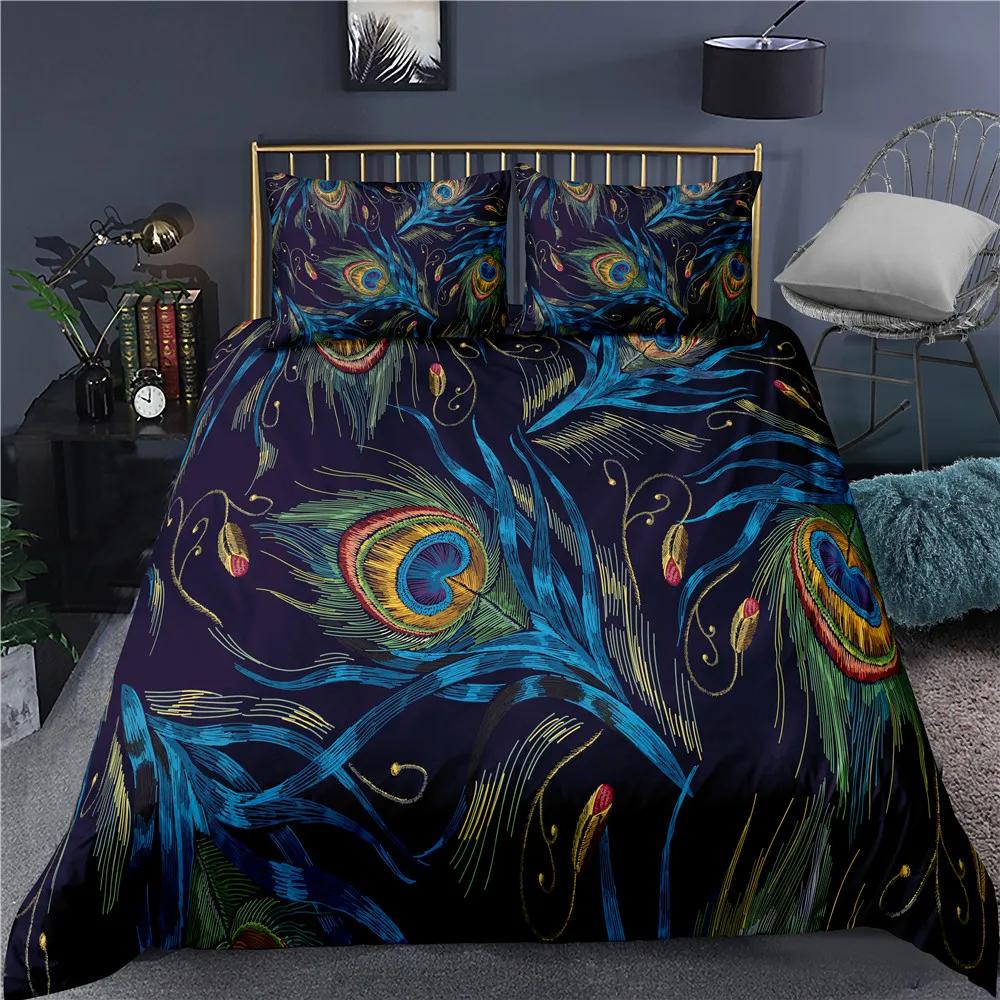 Peacock Duvet Cover Plum Blossom Decor Bedding Set King Size Crane Peacock Feather Floral Pattern Romantic Polyester Quilt Cover
