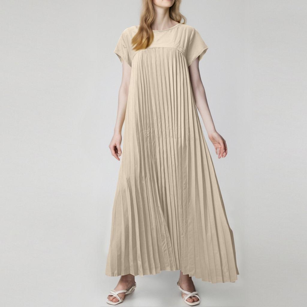 Dress Women's Fashionable Round Neck Sleeveless Pleated Long Dress