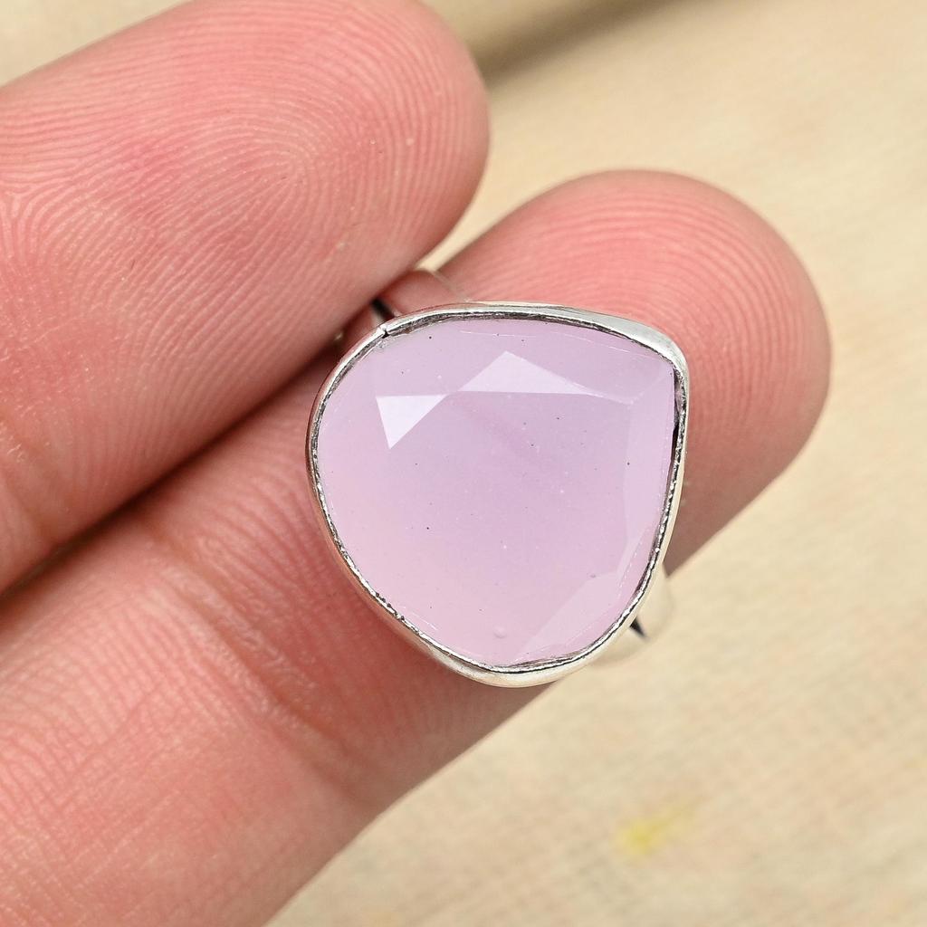 Beautiful Pink Chalcedony Gemstone 925 Sterling Silver Ring Pear Shape Handmade Jewelry