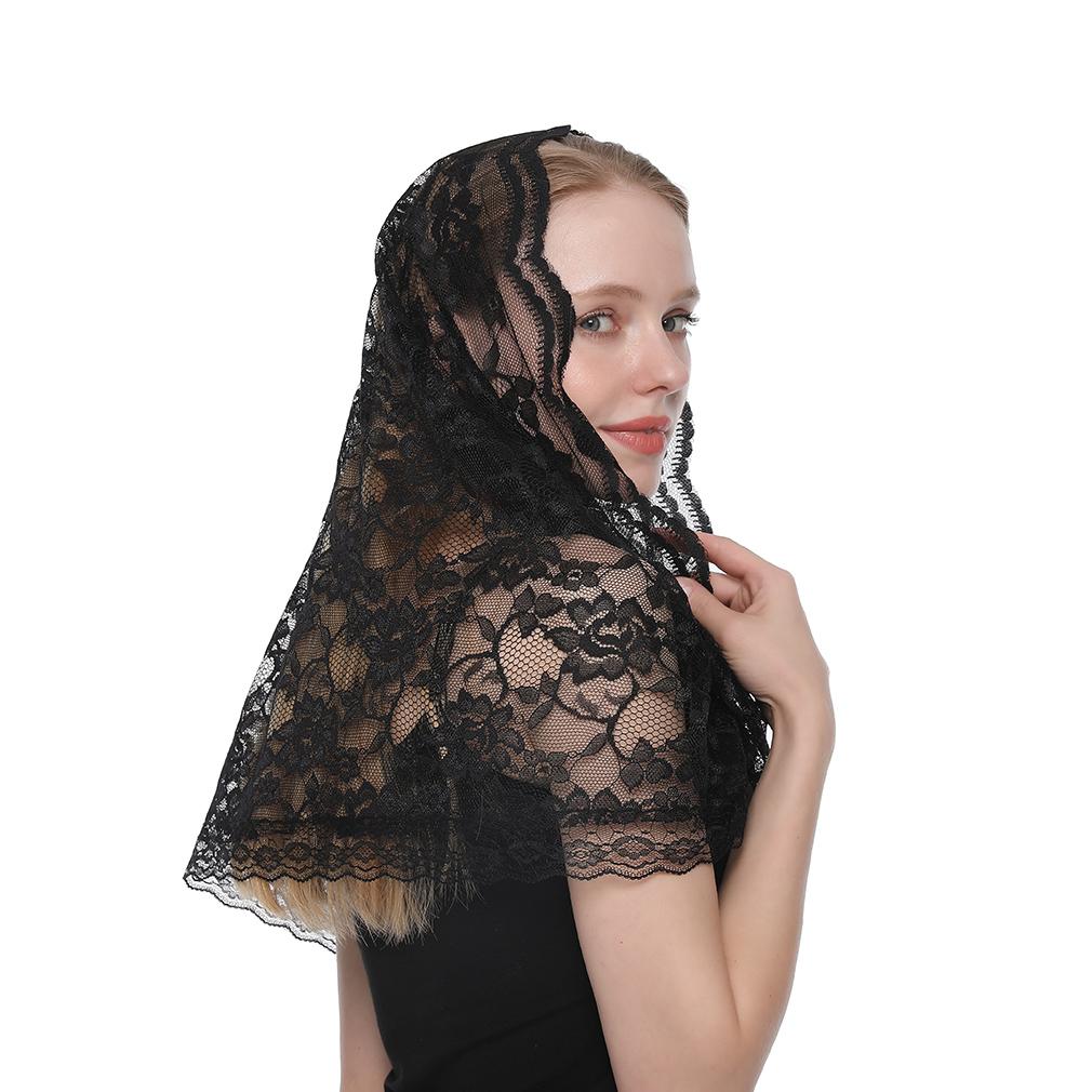Embroidered Scarf for Church Shawl with Spanish Fringes Christian Veil Spanish Mantilla Lace Shawl Floral Women Handkerchief