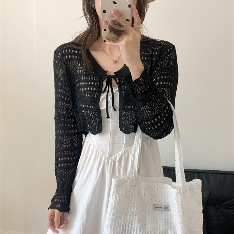 Fashion Sunscreen Knitted Cardigan Women's Hollow Blouse Vest Elegant Summer Thin V-neck Drawstring Air-conditioned Lace Shirt Shawl Short Tops