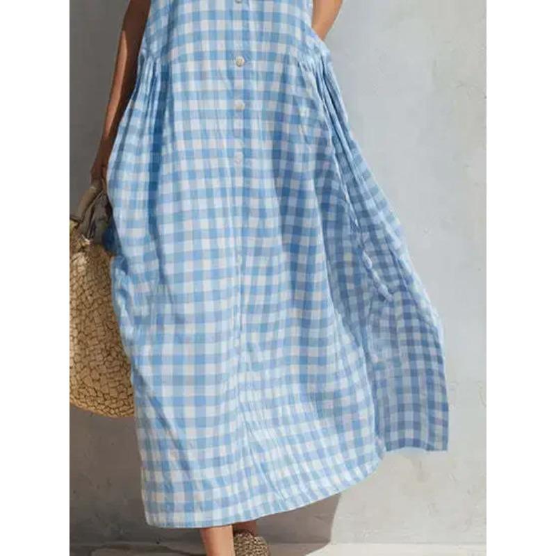 Plaid Sleeveless Vichy Women's Single-breasted Fashion Resort Style Seaside Loose Long Skirt Dresses Ropa Mujer