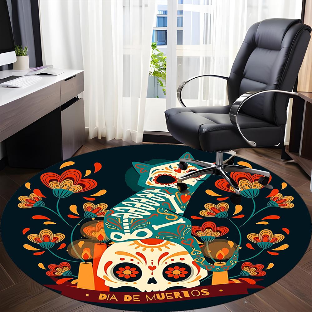 1pc Dia De Muertos, Cat Sugar Skull Office Round Area Rug,  Mat Suitable For Office, Under Office Chairs Bedroom Living Room Home Decor, Room Deco