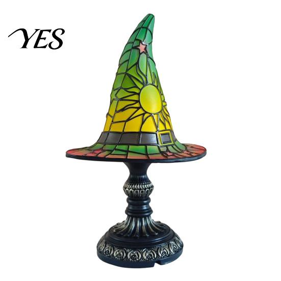 Halloween Nightstand Lamp Stained Glass Witch Hat Lamp, USB Powered Night Light for Bedroom Shelf Cozy Lighting Decor, Warm Glow Gothic Table зелёный