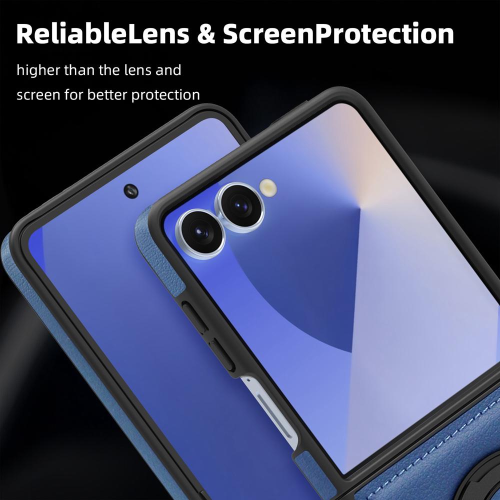 KEYSION 360° Rotating Magnetic Ring Stand PU Leather Case for MagSafe for Samsung Z Flip 7 5G 7 SE Wireless Charging Phone Cover