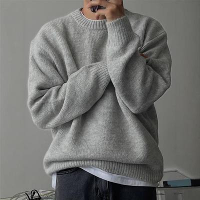 Men's Solid Color Round Neck Knit Sweater - Warm, Thick, and Versatile for Spring and Autumn