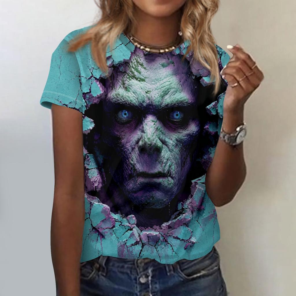 Women's Short Sleeve Crewneck T-Shirt with Halloween Print for Casual Daily Wear
