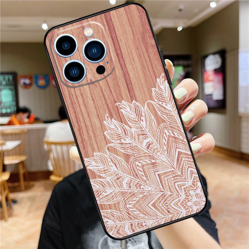 Mandala Wood Floral Phone Case For iPhone 11 12 13 14 16 15 Pro Max Mini XS X XR 7 8 Plus Soft Cover Shell