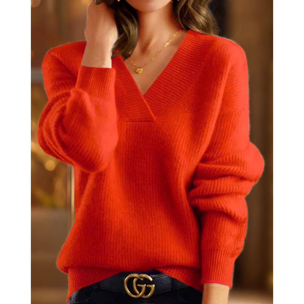 2024 Autumn/Winter Women's V-Neck Solid Color Knit Top: Multicolor Pullover Sweater