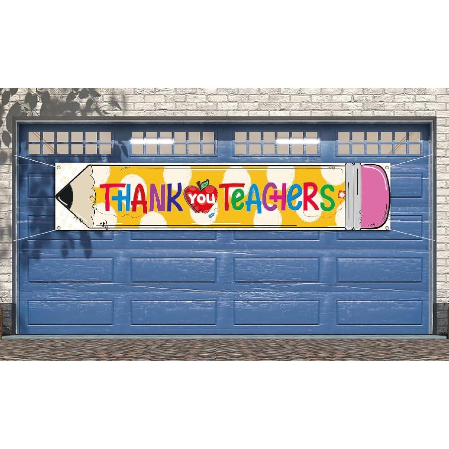 Nepnuser Thank You Teachers Fence Banner Teacher Appreciation Week Party Decoration School Classroom Large Home Garden Outside Yard Hanging Sign