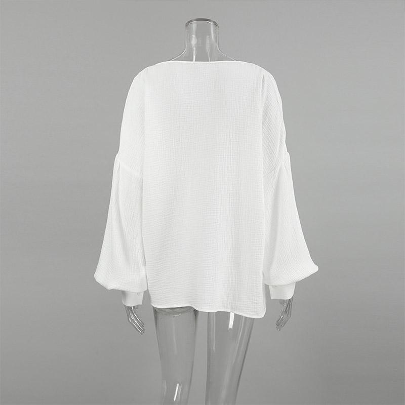Mode V-Ausschnitt Einfarbig Blusen Frauen Loose Fit Laterne Ärmel Tops Casual Baumwolle Krepp Shirt Frühling Herbst Pendeln Harajuku Stil
