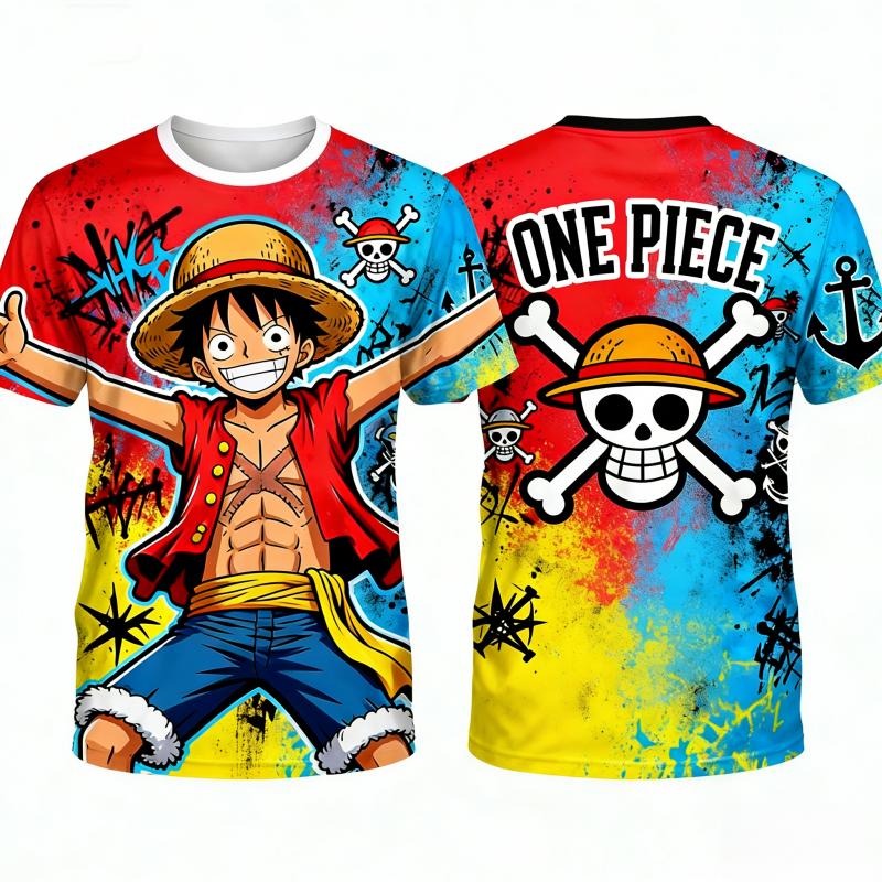 2026 Sommer Einteiler Luffy Graffiti 3D-Druck T-Shirt, Streetwear Harajuku Kurzarm-Tee für Anime-Fans, Oberteil für Erwachsene & Kinder