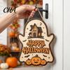 Wooden Door Decor Halloween Hanging Sign, Rustic Ghost Bat Black Cat Witch Hat Wall Decor, Balcony Window Spooky Pendant with Hemp Rope for