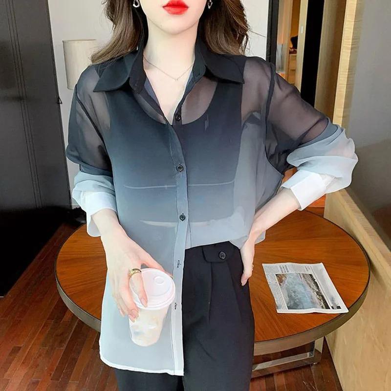 Modefarben Hemd Damen Sommer Tie Dye Kontrastfarbe Sonnenschutzhemden Koreanische Streetwear Bluse
