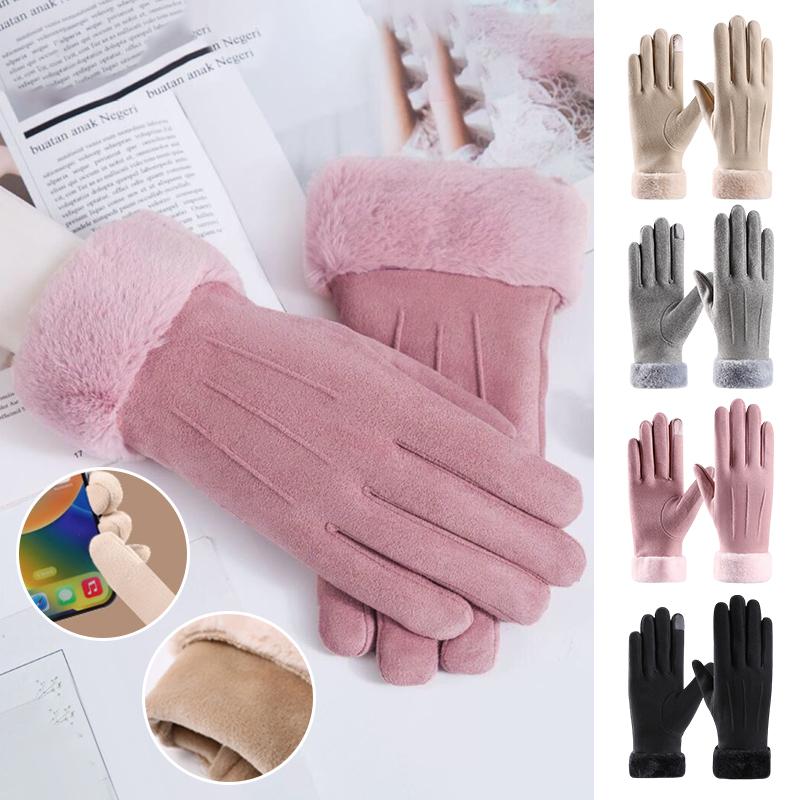 1 Pair Women'S Warm Winter Gloves Touchscreen Gloves With Fur Cuff Plush Lining Cycling Sports Driving Windproof Warm Gloves