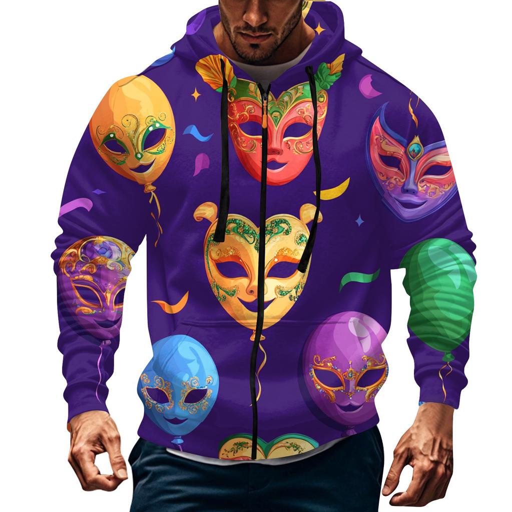Men's Sports Casual Fleece Hoodie Carnival Print Hoodie Cardigan Zipper Multi-pocket Hoodie Coat