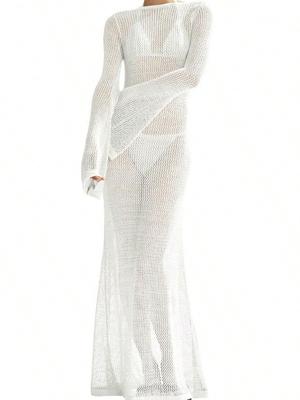 Women's Crochet Long Sleeve Backless Mesh Knit Swimsuit Cover Up Beach Maxi Dress