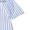 ZANZEA Women Casual Turn Down Collar Loose Short Sleeve Stripe Shirt Dress