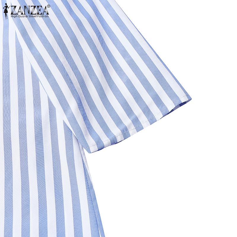 ZANZEA Women Casual Turn Down Collar Loose Short Sleeve Stripe Shirt Dress
