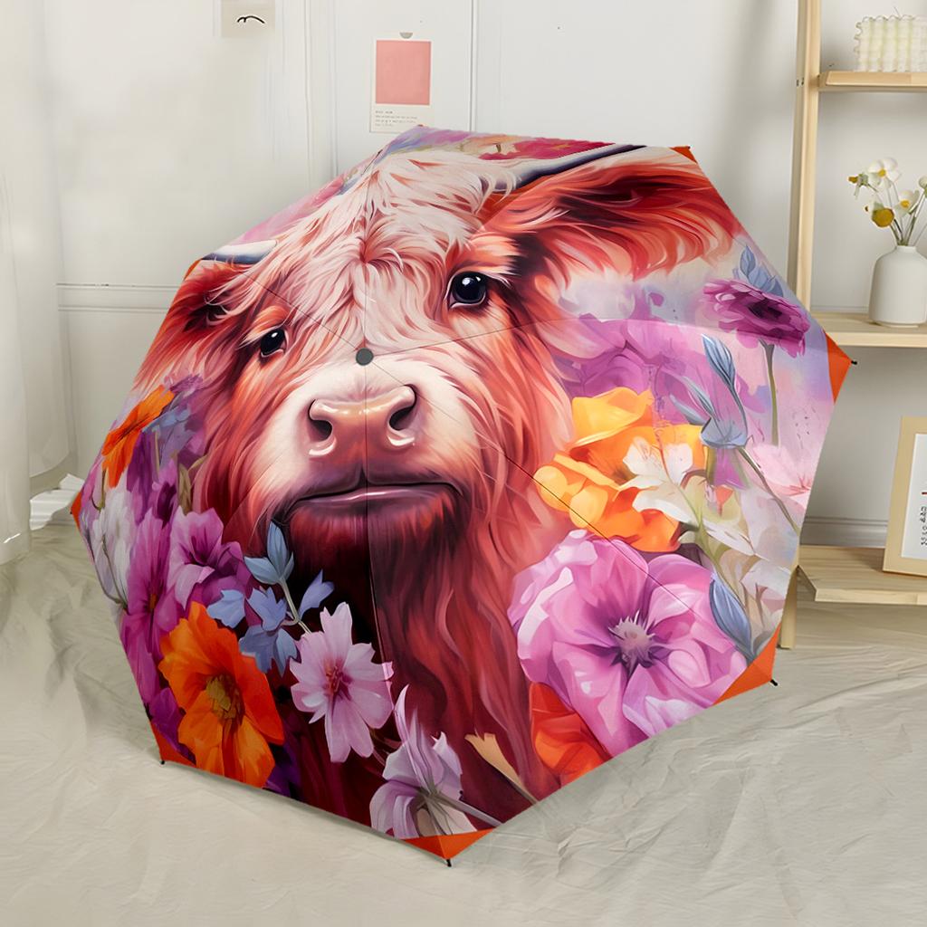 Retrato de Vaca Floral Paraguas Automático Plegable Portátil con 8 Varillas Plástico y Hierro Duraderos Uso en Todas las Estaciones Amantes de la Moda